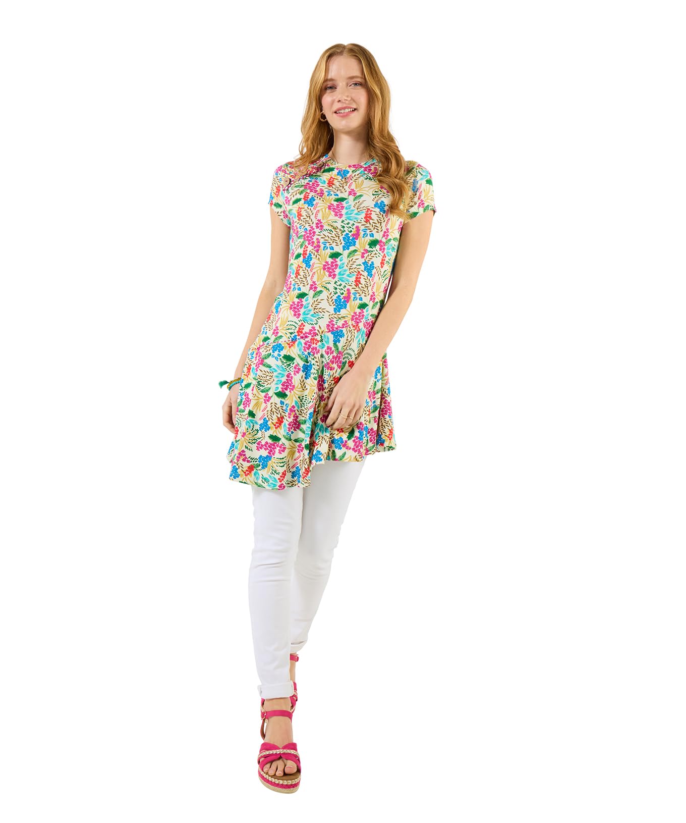 Joe Browns Women's Floral Asymmetric Hem Tunic Top, Regular, White, UK 8