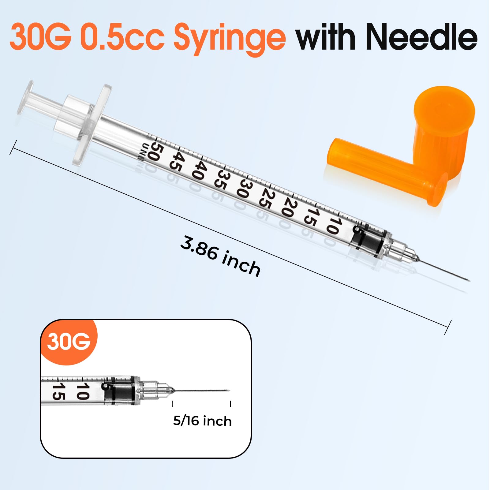 Lot de 100 seringues de laboratoire emballées individuellement 0,5 ml 30 g 0,8 cm