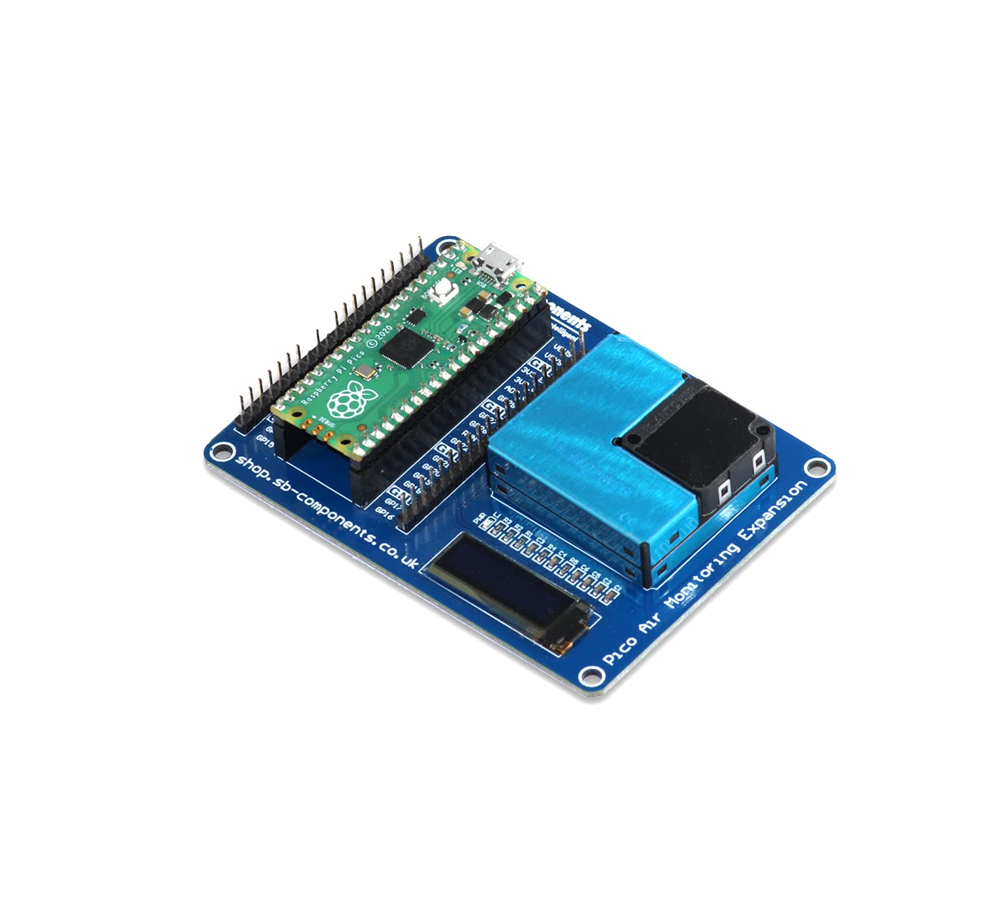 sb components Raspberry Pi Pico con Pico Monitoraggio Dell'aria Espansione PMSA003 Sensore Monitor Aria CAPPELLO per Raspberry Pi Pico con display OLED da 0,9 pollici integrato