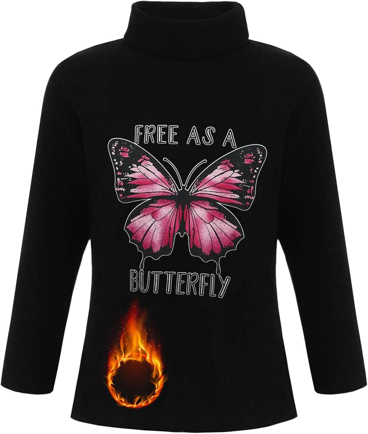Kids Butterfly Print Pullover Shirts Turtleneck Long Sleeve Thermal Shirt Girls Base Layer Top for Daily Wear