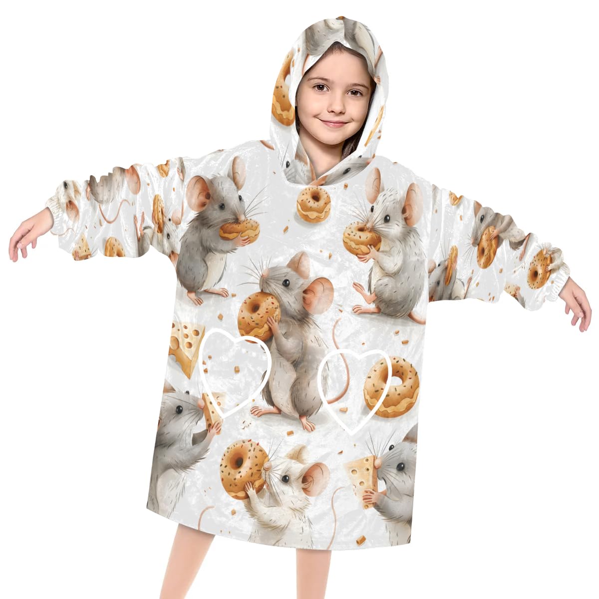 Wearable Blanket Hoodie for Kids, Cute Mouse Fleece Sweatshirt Blanket Oversized Blanket Sweatshirt with Pocket Flannel Warm Hooded Blanket 6-10 Year Old Girl Boy Gift, One Size