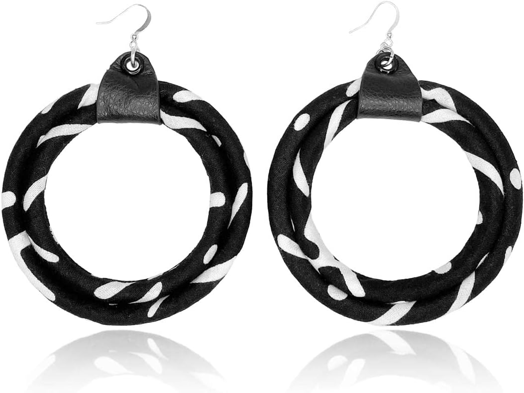 African Print Mali Hoop Earrings| Circle Black and White Earrings | Large Hoop Ankara Earrings | Tribal Earrings | Cloth & Cord