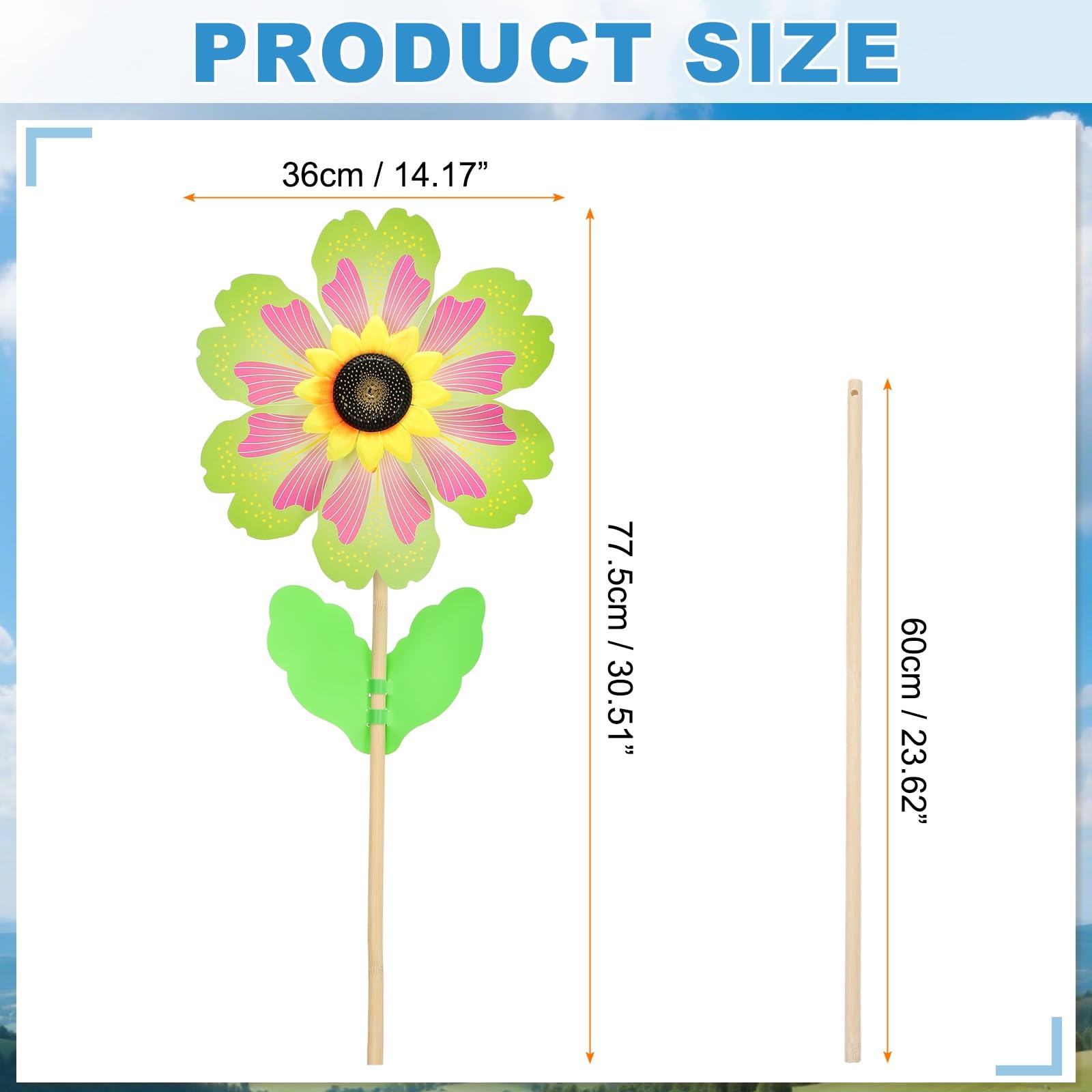 QUARKZMAN Molinillos De Viento 14.2" Petalos Girasol Molinillos De Viento 6 Hojas Molino De Viento De Madera con Palos De Madera De Girasol para Jardin Patio Cesped Decoracion Verde/Rosa