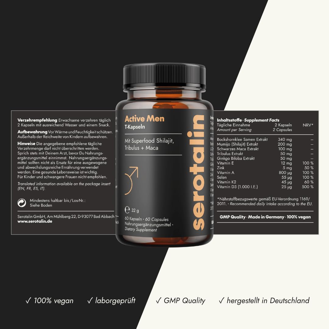 serotalin Men Day & Night Vorteilspaket - Active Men T-Kapseln mit Maca & Night mit Ashwagandha hochdosiert - Made in Germany - 2 x 60 Kapseln
