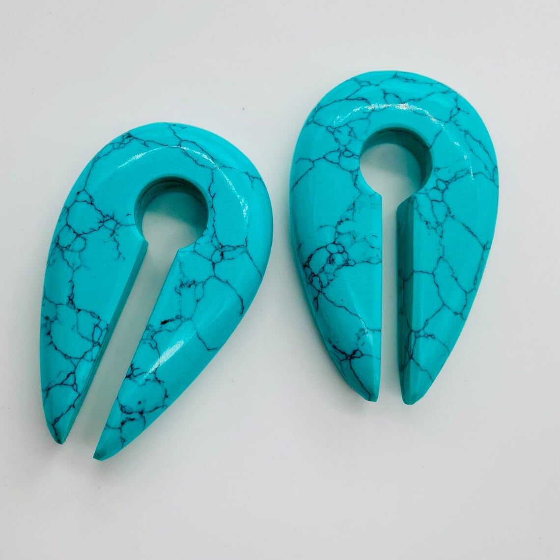Blue Turquoise Stone Ear Weights Keyhole Hangers – Stone Stretched Ear Gauges – Handmade Tribal Dangle Plugs – Boho Body Piercing Jewelry for Men & Women (Pair)