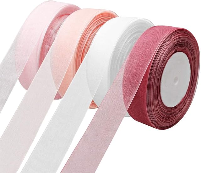 4 Rolls Sheer Organza Ribbon, 25mm x 45m Each Roll Gift Ribbon Chiffon Ribbon roll for DIY CraftsGift WrappingBouquet Bows, Wedding Party Decorations (4 Colour )