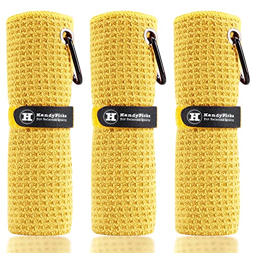 Image of Handy Picks Microfiber Golf Towel (16 inch X 16 inch) with Carabiner Clip, Waffle Pattern Golf Towel Hook and Loop Fastener - The Convenient Golf Cleaning Towel