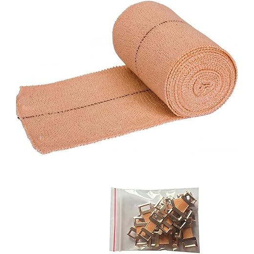RARE OCEANS Elastic Cotton Crepe Bandage Wrap - 8cm x 4meter Stretched Pack of 1 - Durable Compression Bandage (8cm x 4meter - 1no Roll) - Extra 6 pics clips