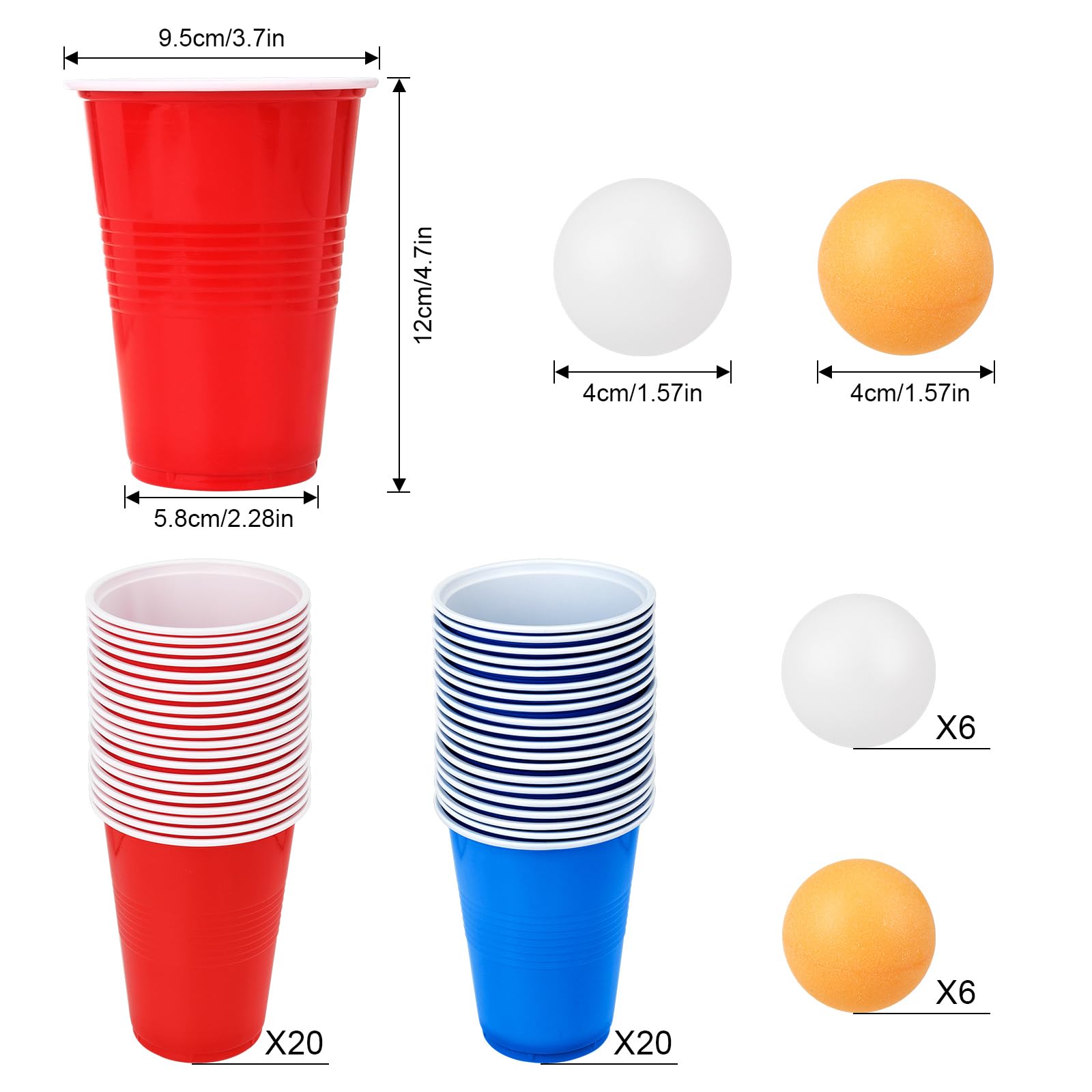 Zestaw kubków do piwnego ponga, 40 kubków (500 ml) + 12 piłeczek do tenisa stołowego, wielokrotnego użytku, czerwone kubki na imprezę, do gier do picia, na kemping, urodziny, wesele