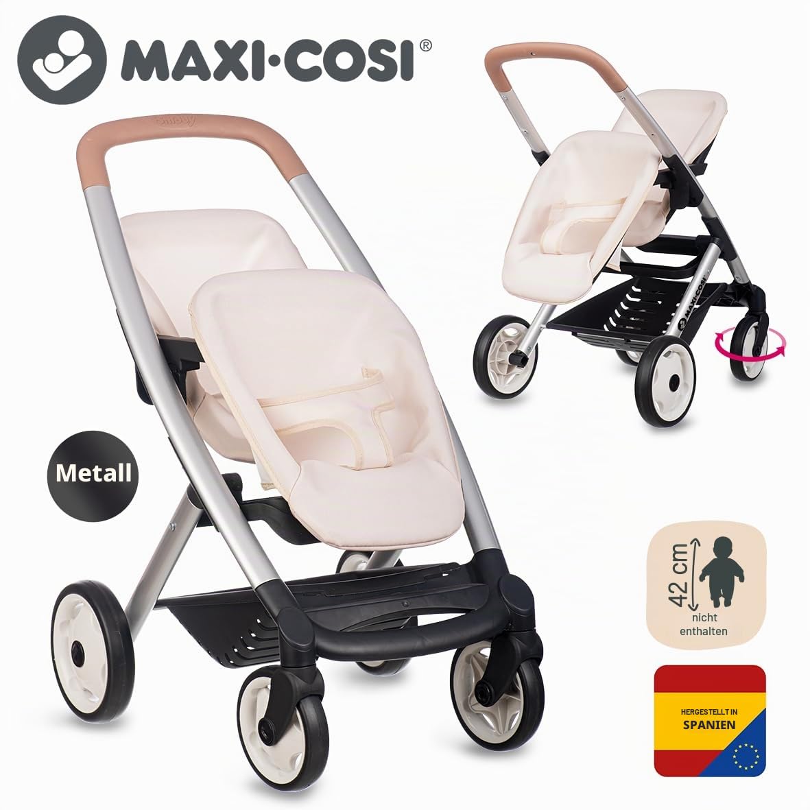 Smoby - Maxi-Cosi Zwillings-Puppenwagen - für 2 Puppen bis 42 cm (Nicht enthalten) - frei drehbare Vorderräder, Stauraumkorb - für Kinder ab 3 Jahren - Stabiler Metallrahmen, produziert in Spanien