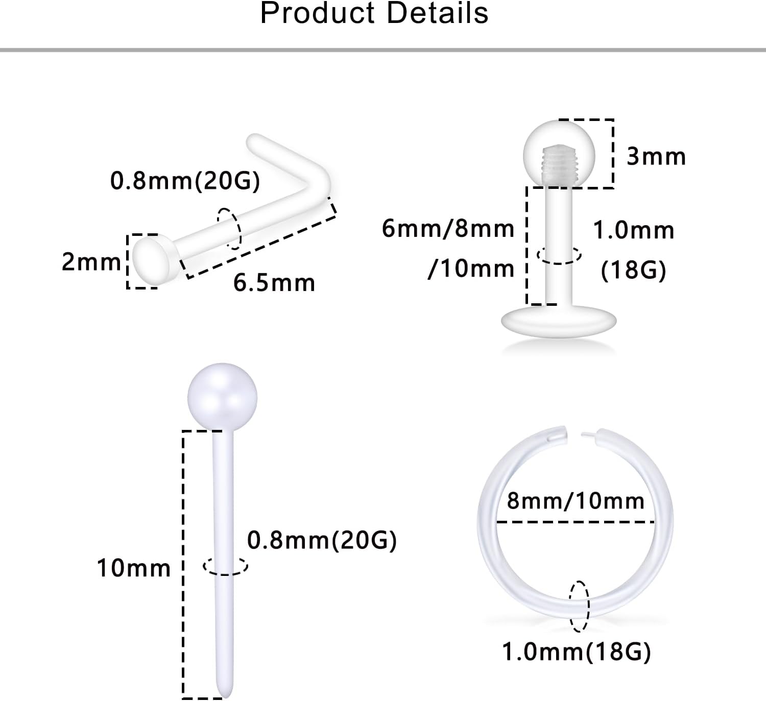 Lcolyoli 18G Clear Piercing Jewelry Piercing Retainers Plastic Piercings for Work Surgery Sports Clear Nose Studs Septum Retainer Cartilage Tragus Helix Earring Retainer