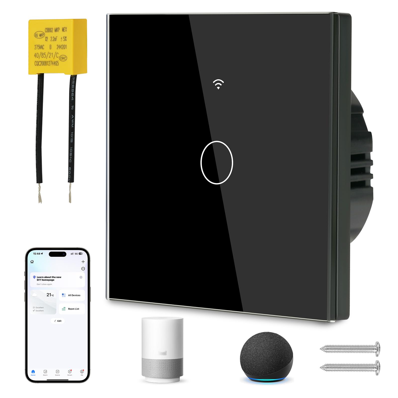 Ainiv 1 Gang Interruptor Pared WIFI, Interruptor Tactil Inteligente con WIFI y Condensador, Admite Control por Voz Compatible con las Aplicaciones Tuya Smartlife/Google Home-Negro