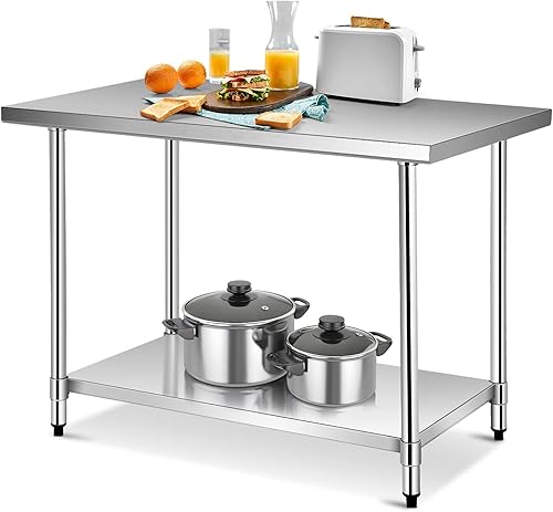 WATERJOY Mesa de acero inoxidable de 48 x 30 pulgadas para preparación y trabajo, mesa de cocina comercial resistente con estante ajustable y ruedas