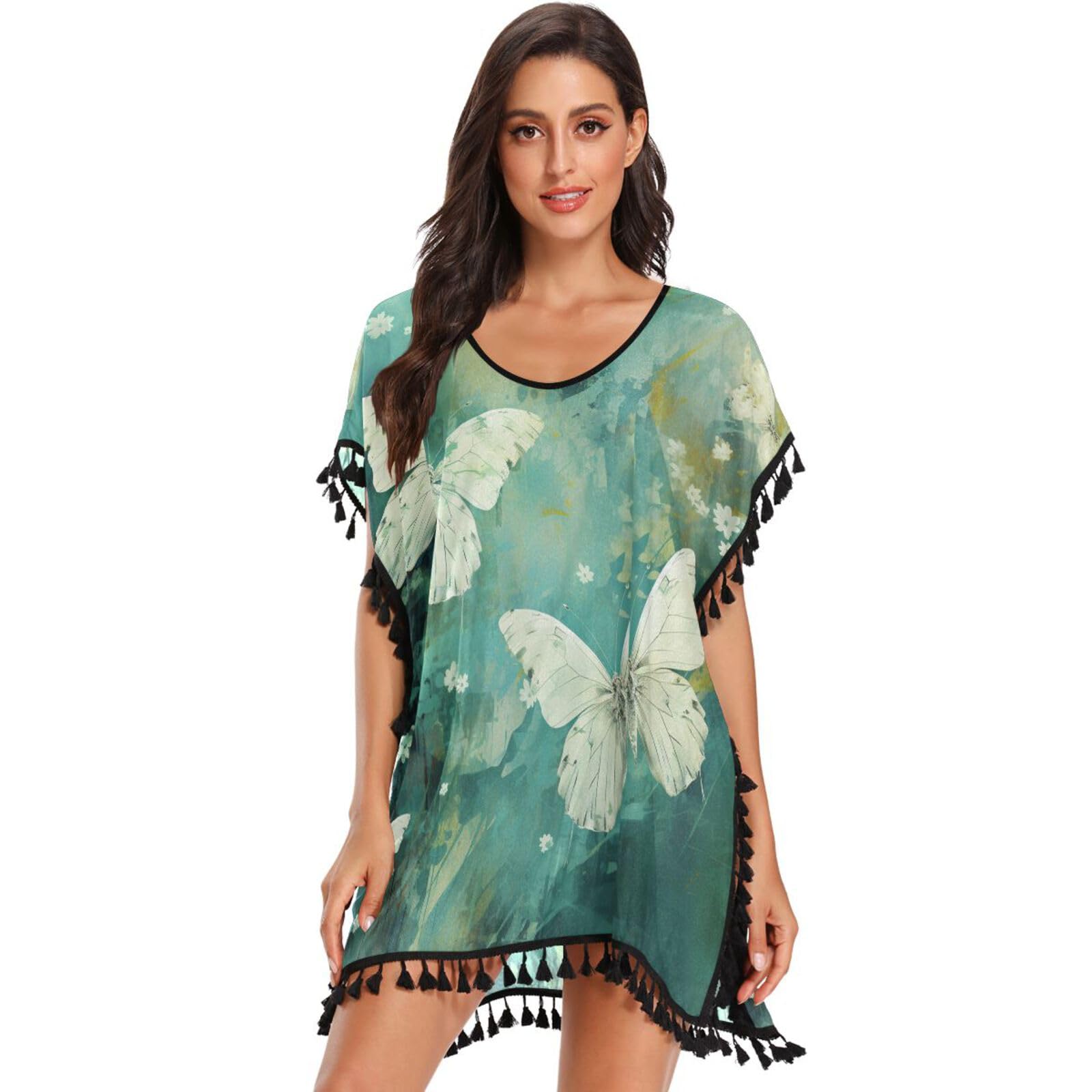 KAAVIYO Oil Artwork Butterflies Women's Beach Cover Up Chiffon Tassel Swimwear Swimsuit Coverups for Girl