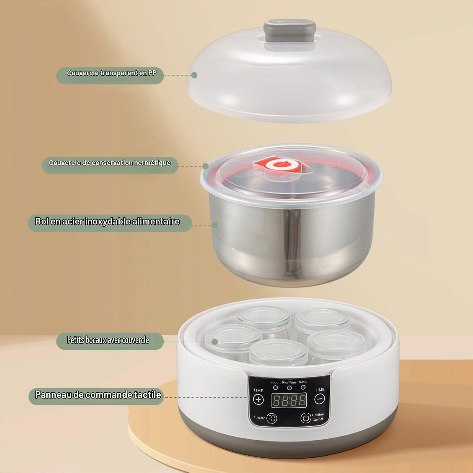 Yaourtière électrique Natto Fait Maison, Petit Incubateur avec Bocaux, Doublure en Acier Inoxydable, Machine Multifonction de Fabrication de Yaourt, Grande capacité de 1,2 (Prise