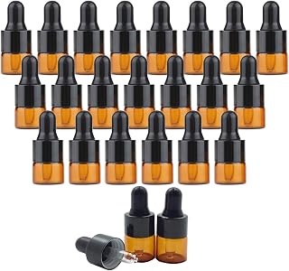 24pcs (1ml/0.03oz) Amber Mini Glass Dropper Bottle with Black Aluminium Cap Travel Sub Bottling Clean Sanitary Empty Bottles Tapered Dropper Tube Liquid Receptacle for Essential Oil Perfume Essence