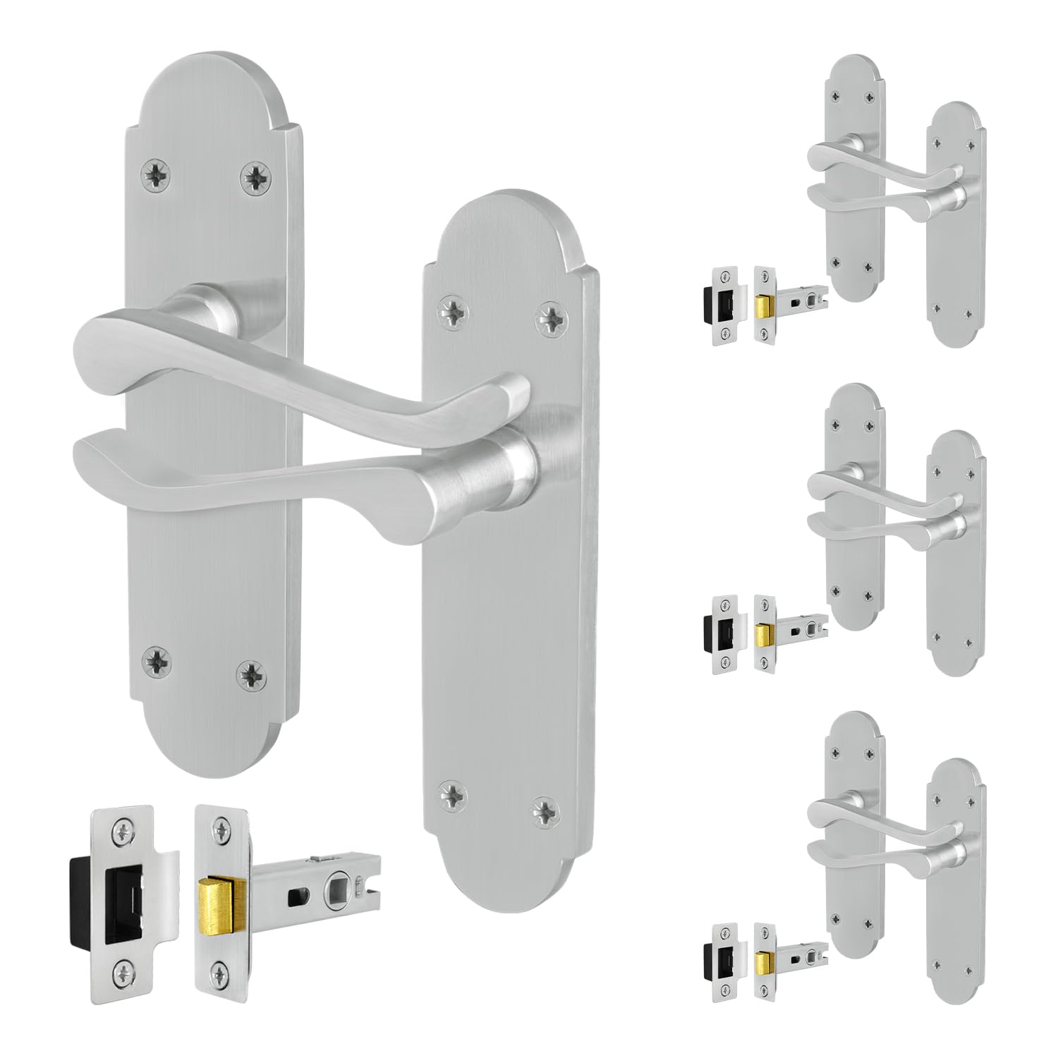 Eai Satin Chrome Satin Door Handles With Latch, 4 Pairs Internal Victorian Scroll Shaped Backplate, Latch 64Mm