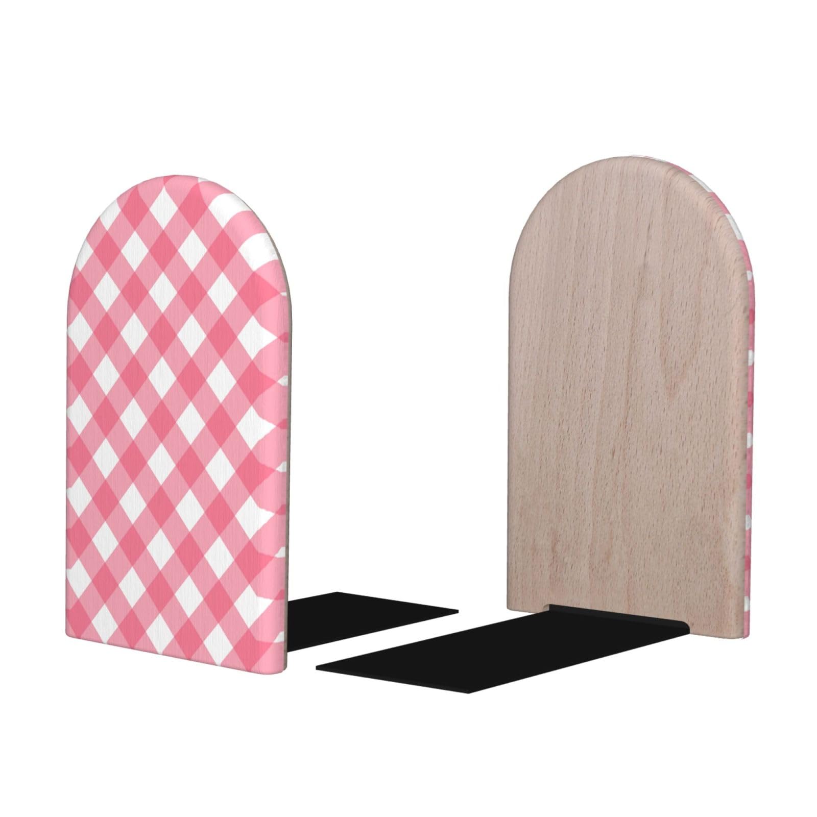Pink Gingham Plaid Print BookEnds 1 Pair, Decorative Bookends for Heavy Books, Wood Book Ends for Shelves, Book Organizer for Home Desk Office Supplies