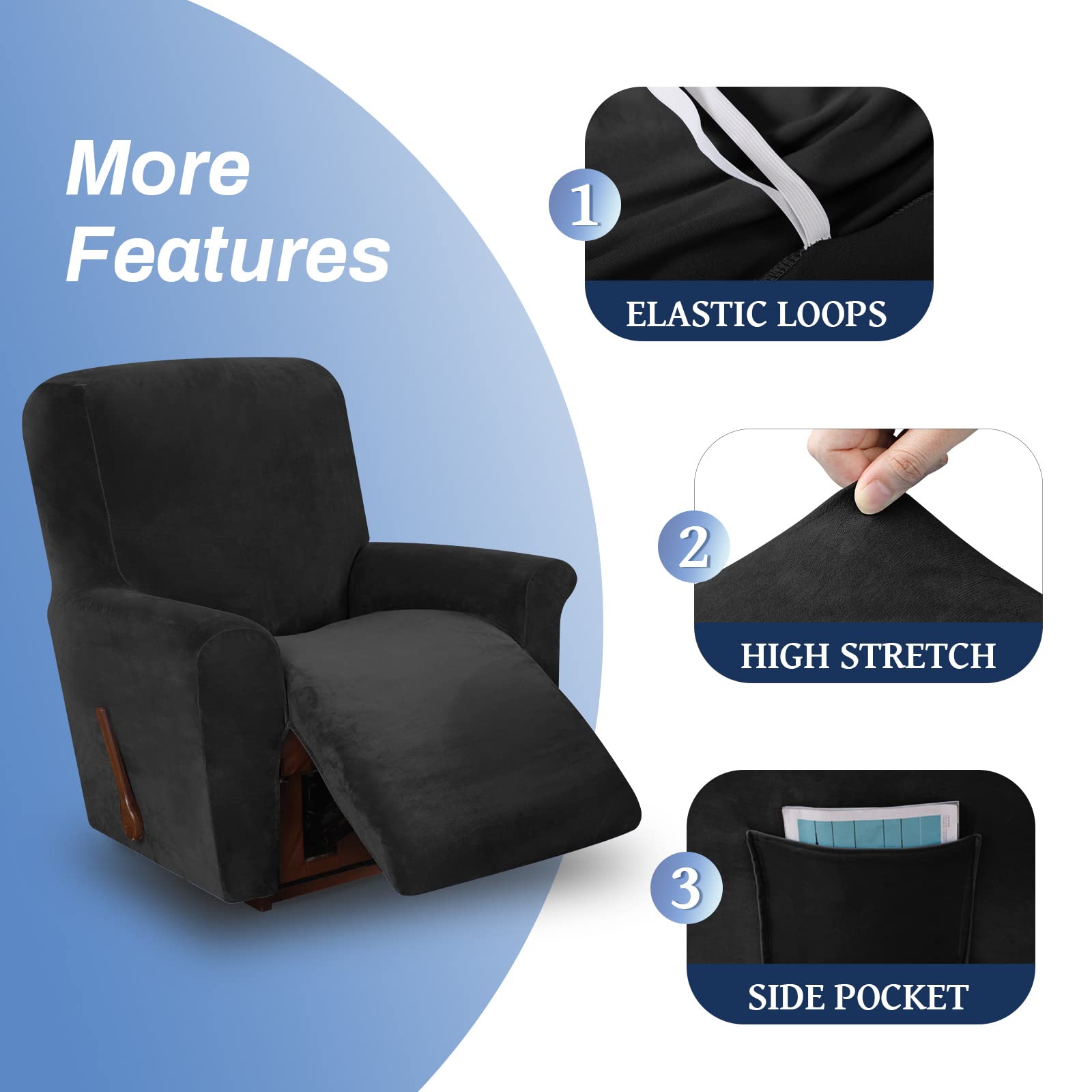 WEERRW Housse de fauteuil inclinable en velours très extensible, lavable avec base élastique antidérapante pour enfants et animaux domestiques, noir