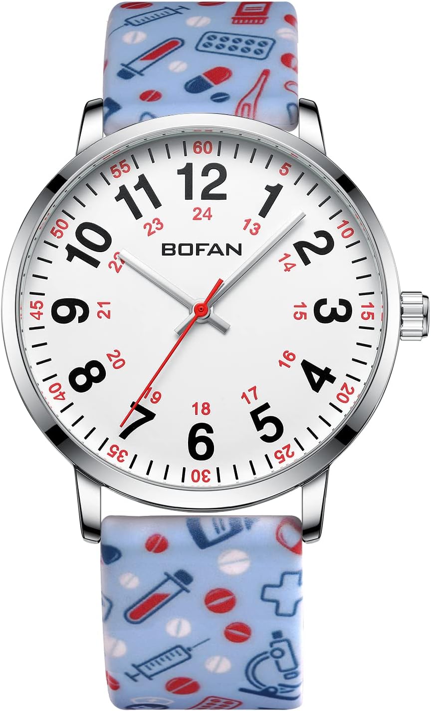 BOFAN Nurse Watch for Medical Professionals,Students,Doctors with Easy to Read Dial,Second Hand and 24 Hour,Soft Comfort Print Silicone Band,Water Resistant