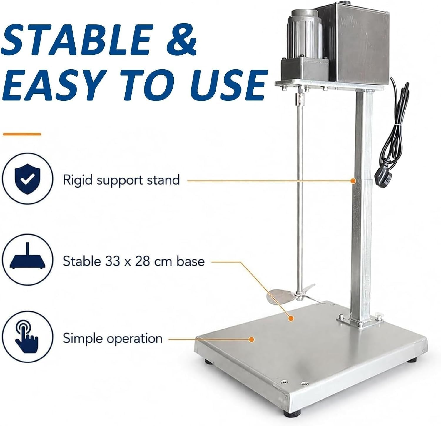 Mezclador de pintura vertical 400 trmin con soporte ajustable 30-48 cm, eje y pala de acero inoxidable para uso en taller o laboratorio. Mezclador versátil