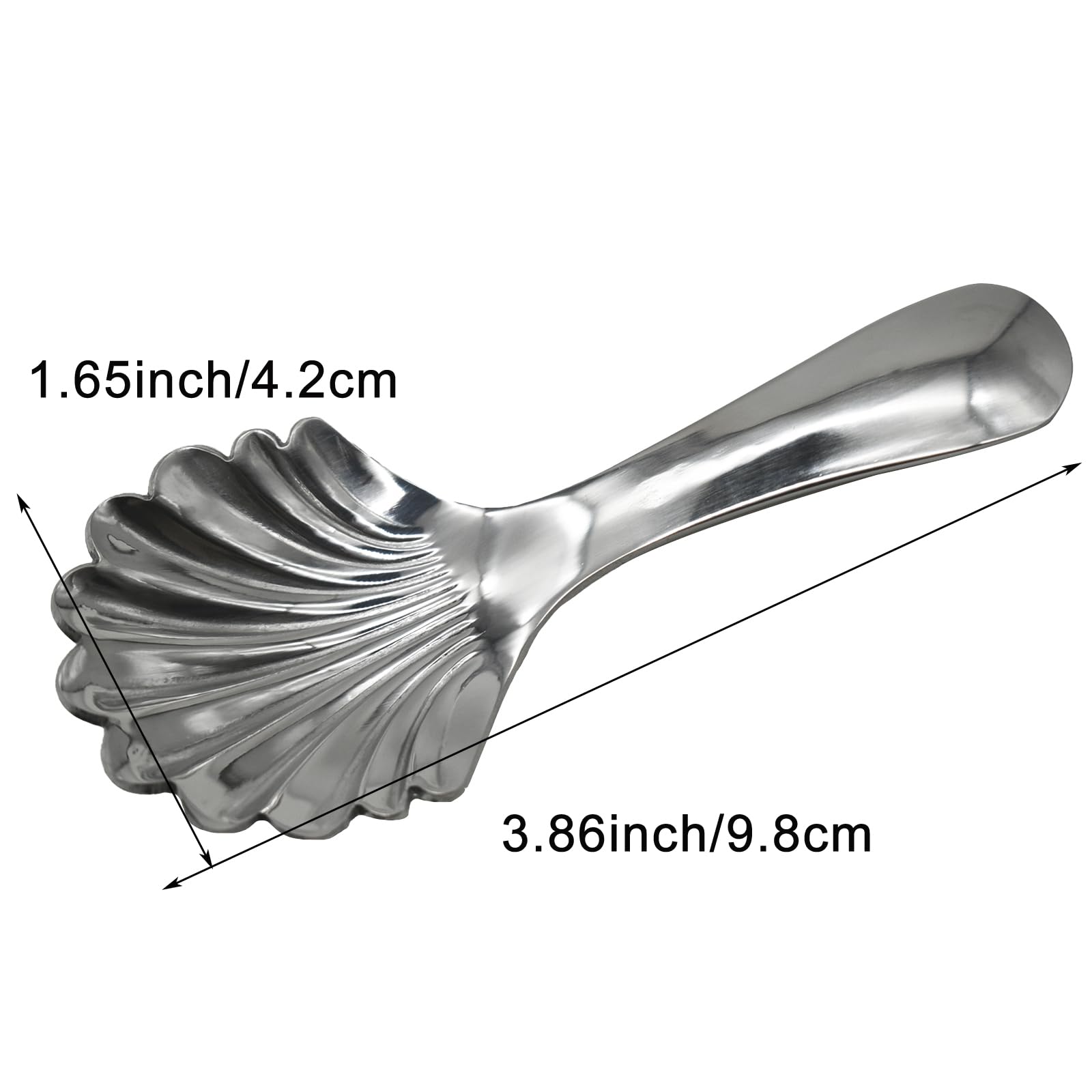 2 x kurzer Griff Muschellöffel 18/10 (304) Edelstahl, gewellt, Suppenlöffel, 9,7 cm, tragbarer Löffel für Zucker, Gewürze, Dessert, Tee, Kaffee, Pulver, Kanister