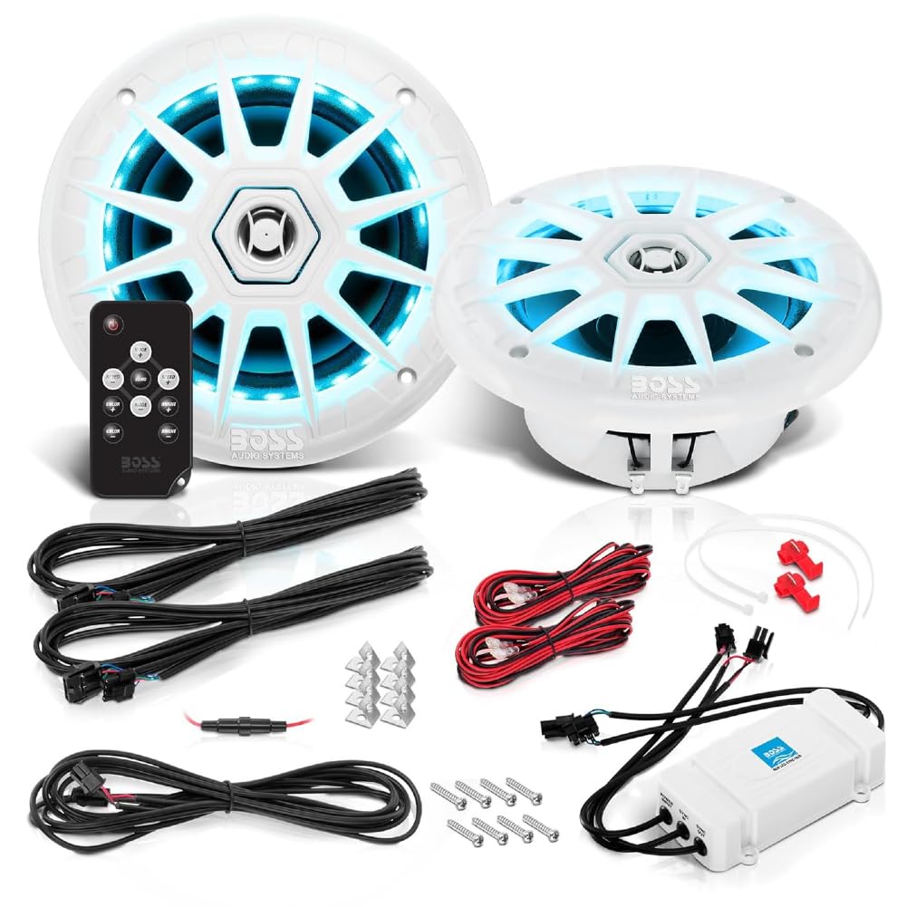 KIT SET PER BOSS AUDIO SYSTEMS MRGB65 2 altoparlanti marini full range a 2 vie da 6,5" 16,5 cm 165 mm, 100 watt rms 200 watt max, 4 ohm, impermeabili, con led rgb, a coppia + telecomando