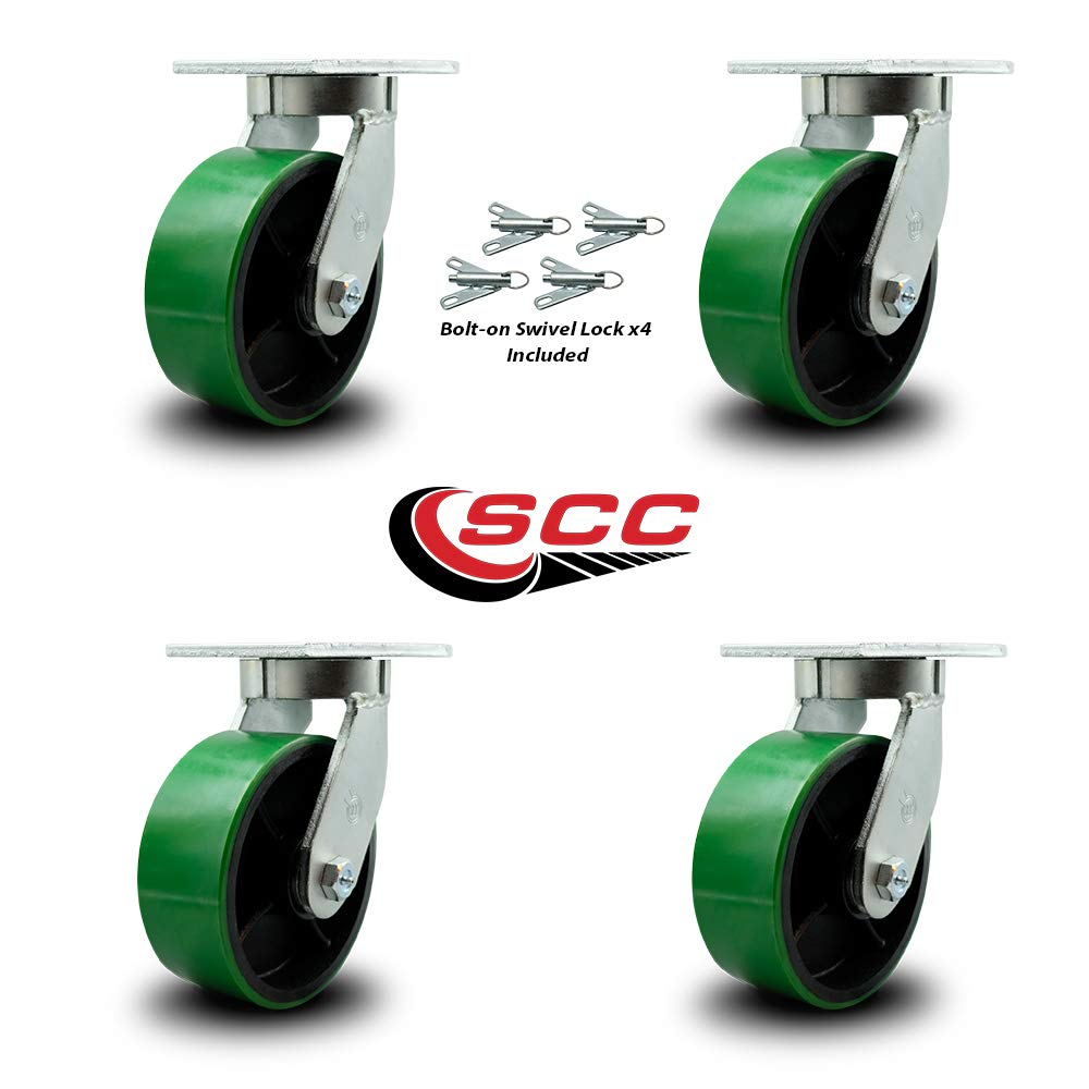 8 Inch Swivel Top Plate Caster Set Extra Heavy Duty Casters with Green Polyurethane on Cast Iron Wheels - Includes 4 Swivel with Bolt on Swivel Locks-Casters Set of 4 Heavy Duty- Service Caster Brand