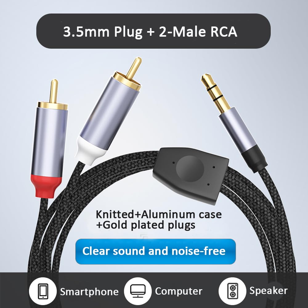 Paloxy RCA to 3.5mm Aux Cable, Aux to RCA Headphone Male to Male Jack Adapter Nylon Braided 1/8 to RCA Audio Y Cord for Smartphones, MP3, Tablets, Speakers, HDTV (6.6 Feet)