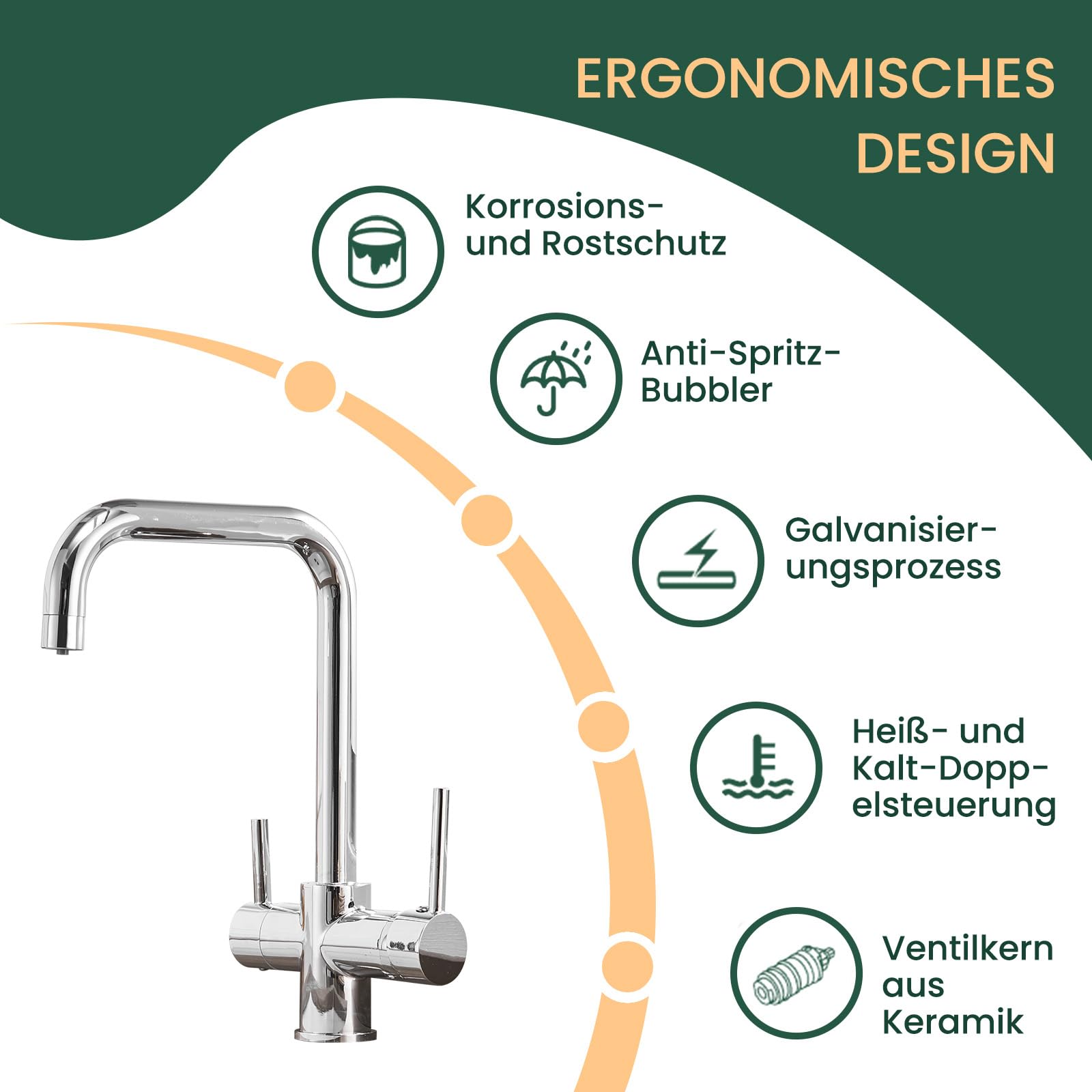 Grifo de cocina de latón de 3 vías, mezclador de dos mandos para montaje en un solo orificio, caño giratorio 360° con función de agua potable (3 en 1), incluye mangueras de conexión G3/8