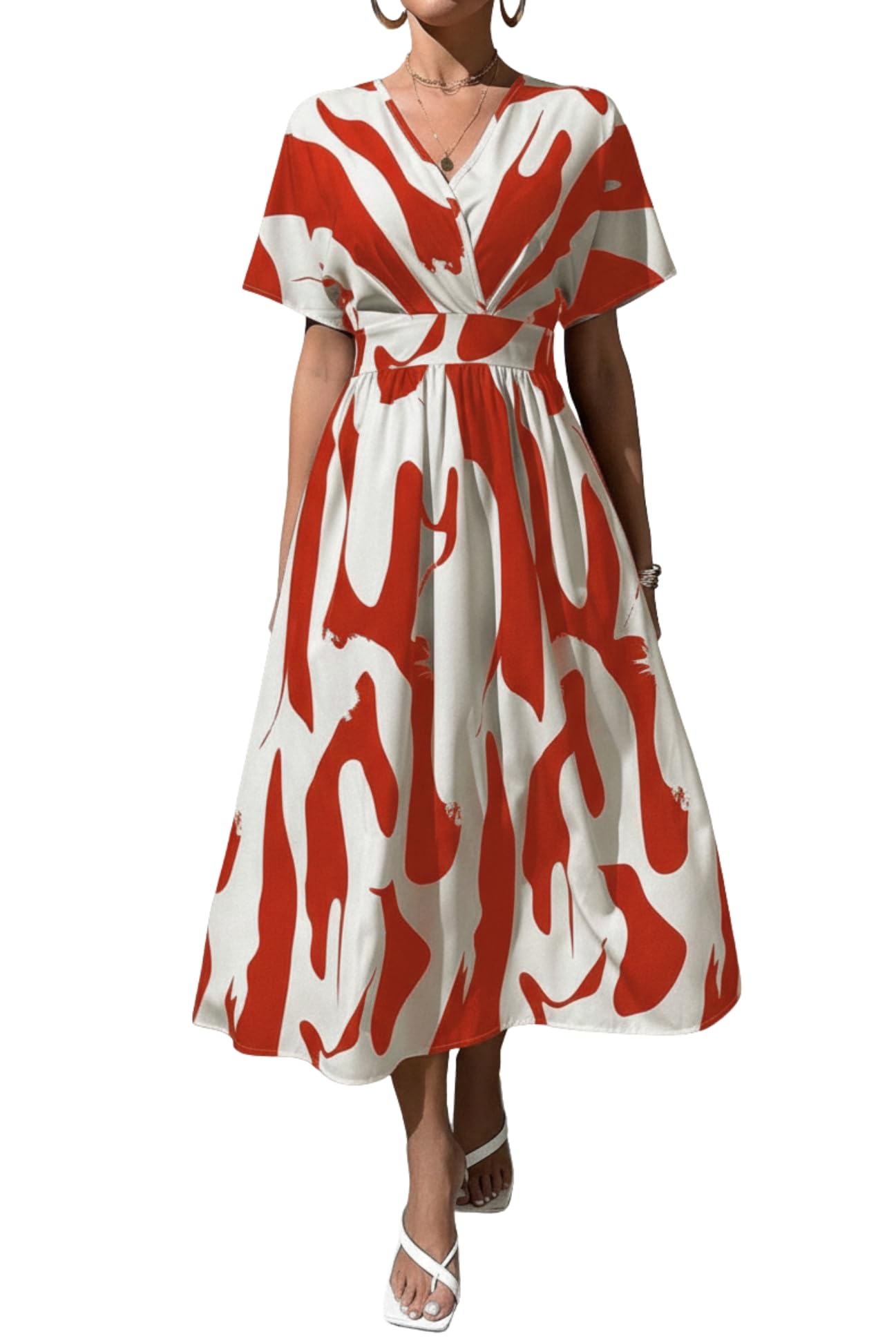 Leriya Fashion Women's A-line Long Sleeve Belt A-Line Midi Dress Elegant Printed Casual Dress