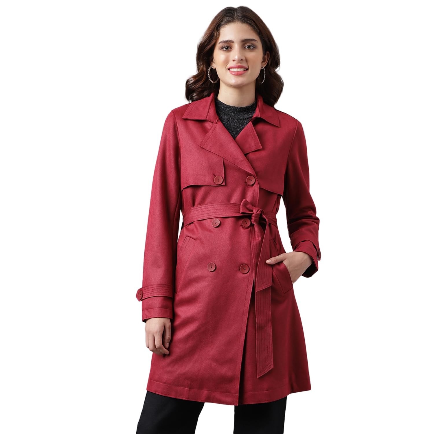 latin quarters Women's Maroon Solid Trench Coat Jacket-picture-28