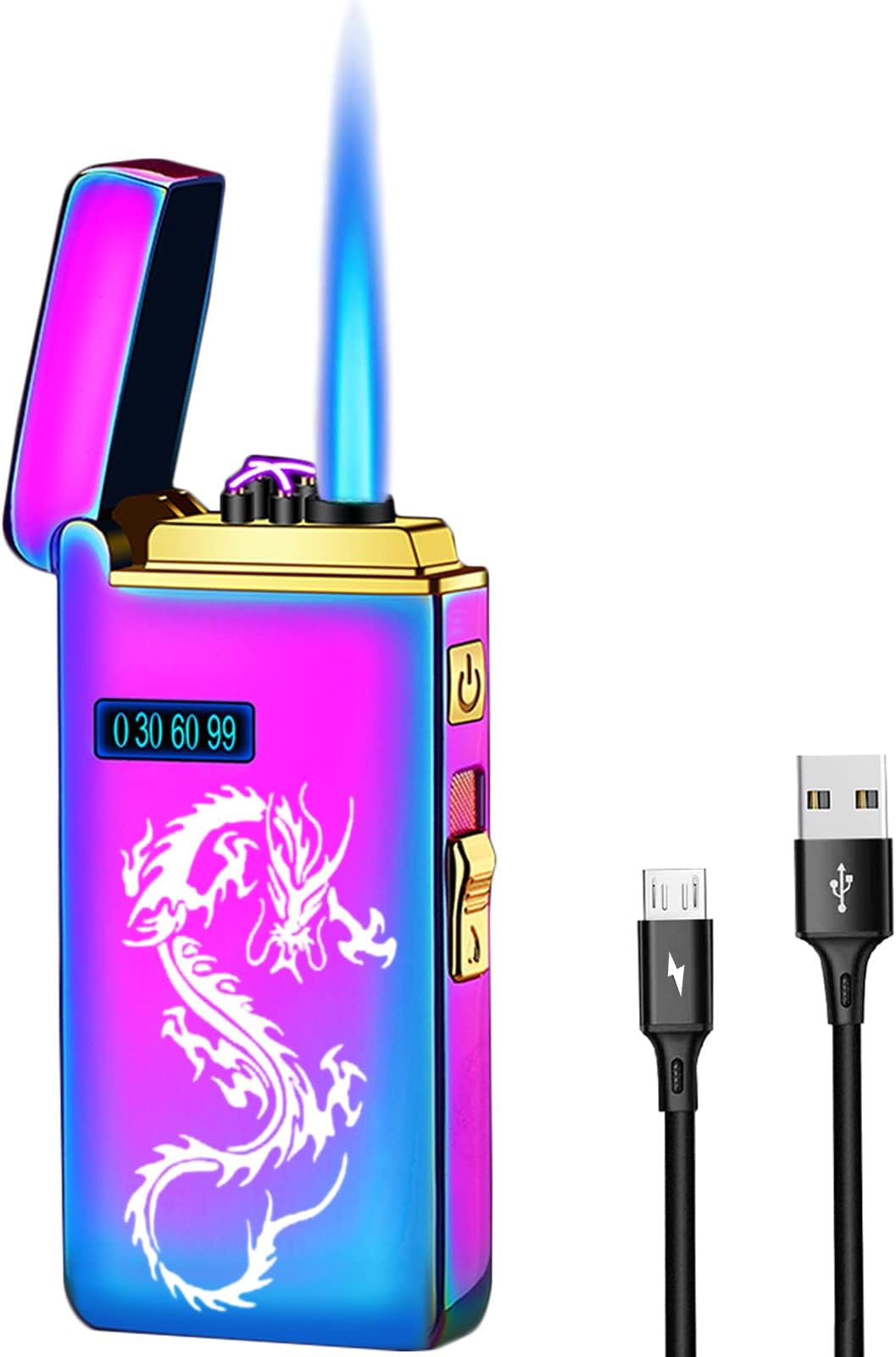 Arc Jet Flame Torch Lighter - 2 in 1 Electronic Refillable Butane, USB Rechargeable With Battery Indicator, Windproof Infinity Electric Cycle Charge (Rainbow Dragon)