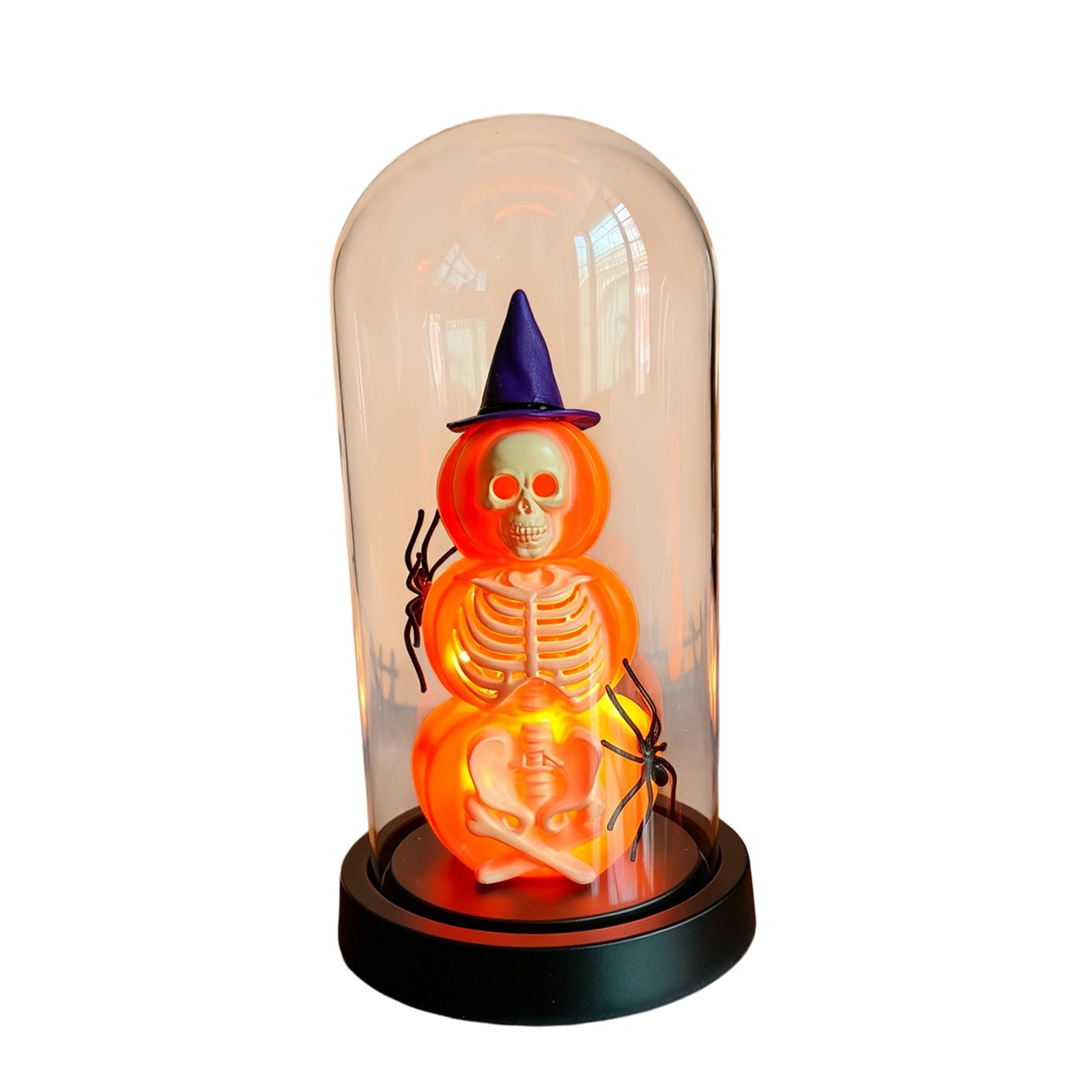 APGLSXY Seasonal Party Centerpiece Decor Featuring Lighted Pumpkin Skeleton in Glass Dome, Warm Glow for Indoor Tabletop Use Mantel Accent