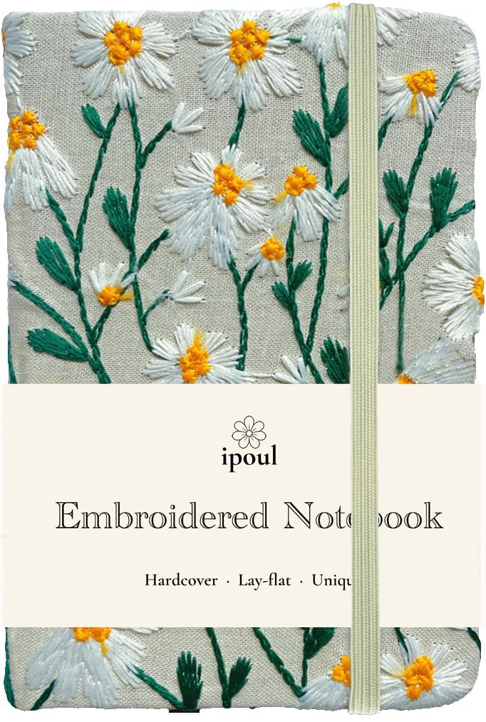 ipoul Pocket Journal, Small Notebook, A6 Sketchbook, 4x6, Unlined, Flower Embroidered Notebook, Blank, Hardcover, Lay Flat, Elastic Band, Beautiful Journal, Daisy Gifts for Women, White Daisy