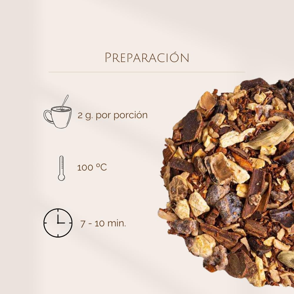 Rooibos de Canela y Jengibre a Granel 100 Gramos - My Tea Moments - Cultivo Sostenible - Ingredientes Naturales: Algarroba, Canela, Cardamomo, Coco, Dátil, Jengibre, Uva Pasa.