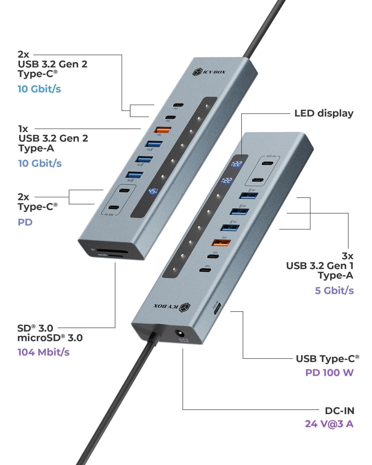 Icy Box (11 en 1) Hub USB-C con Lector de Tarjetas, 2 Puertos USB-C y 1 USB-A (10 Gbps), 3 Puertos USB-A (5 Gbps), 100 W PD, SD/microSD UHS-I, IB-HUB1742CR-C2PD