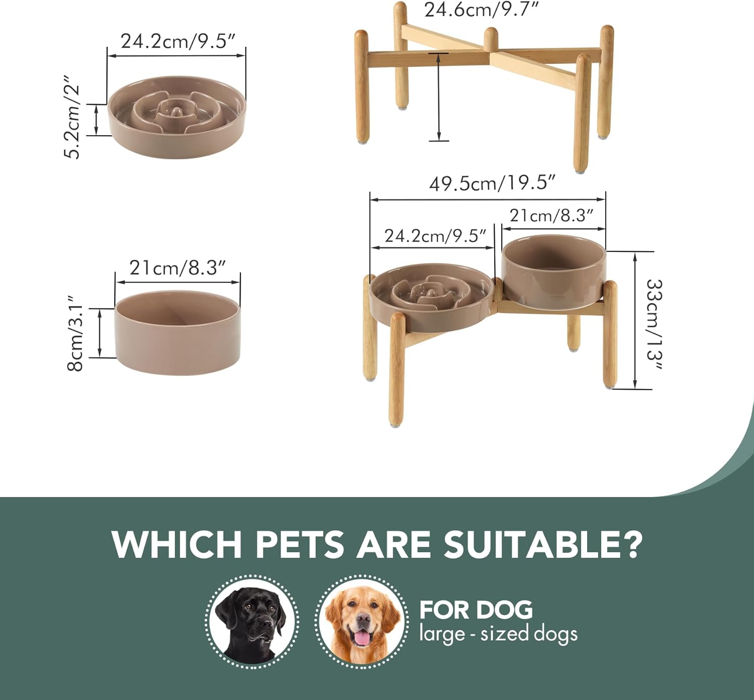 3.2 Cup Ceramic Raised Slow Feeder Dog Bowl Set, Elevated 8.2inch Bowl and 9.5inch Puzzle Slow Food Dish with Wooden Stand for Large Dog, Anti-Gulping (2 x Brown Coffee+ Stand) - Image 2