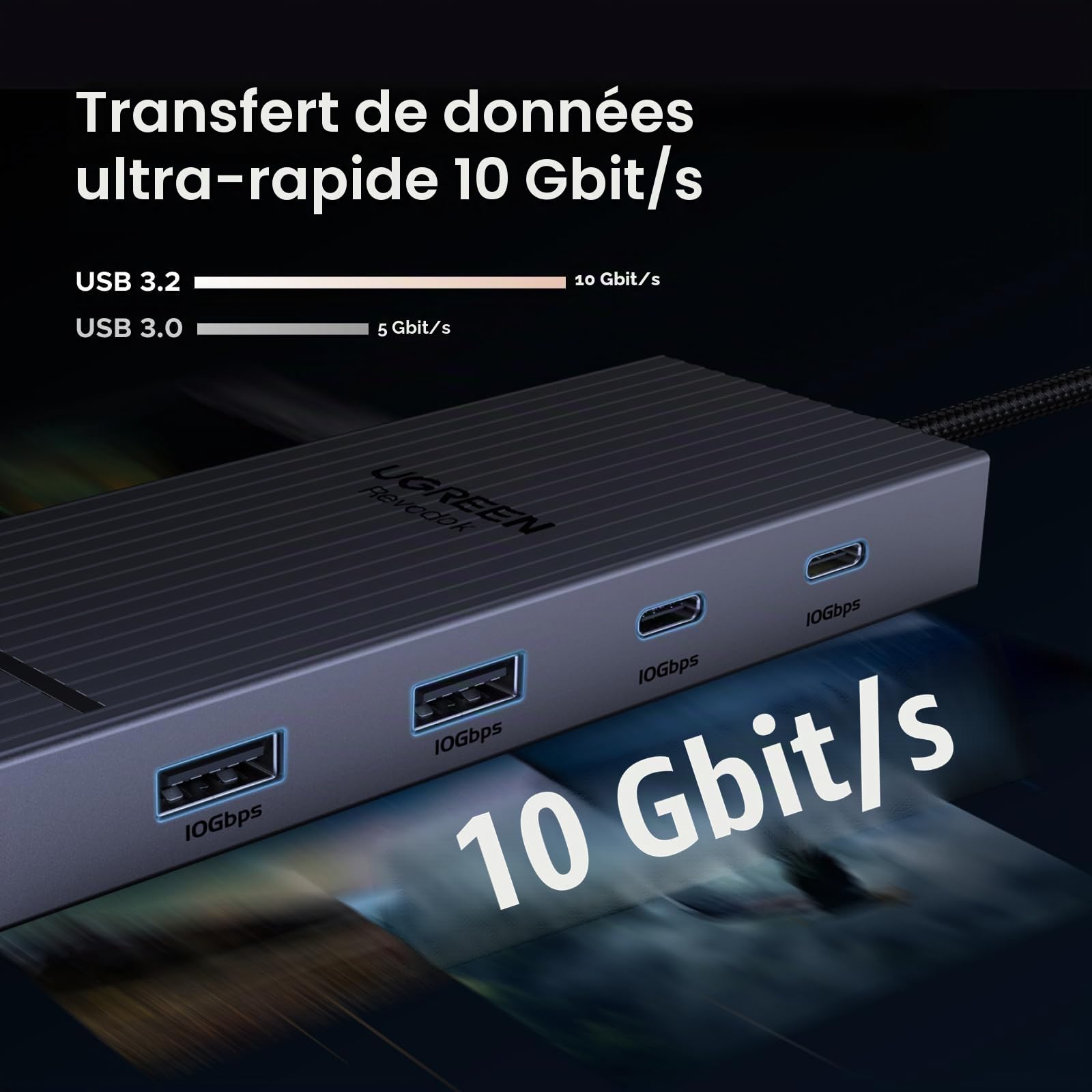 UGREEN Revodok Pro 207 Docking Station Hub USB C Dual HDMI 4K 60Hz PD 100W 7 en 1 Station Accueil Adaptateur Multiports USB 2A2C 10Gbps Extension 2 Écrans pour Windows MacOS