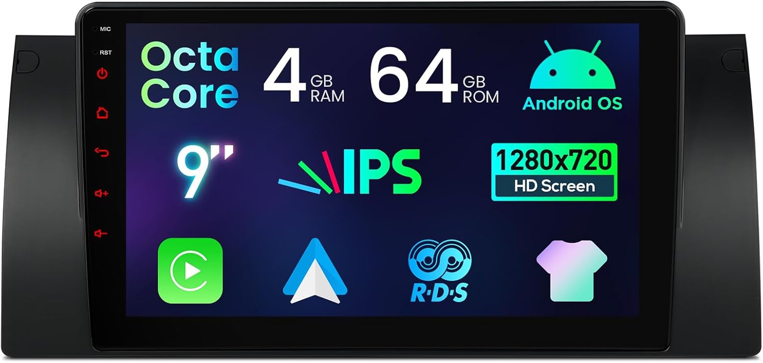 XTRONS IDP9053B Android 14 Car Stereo main unit with key features displayed on screen.