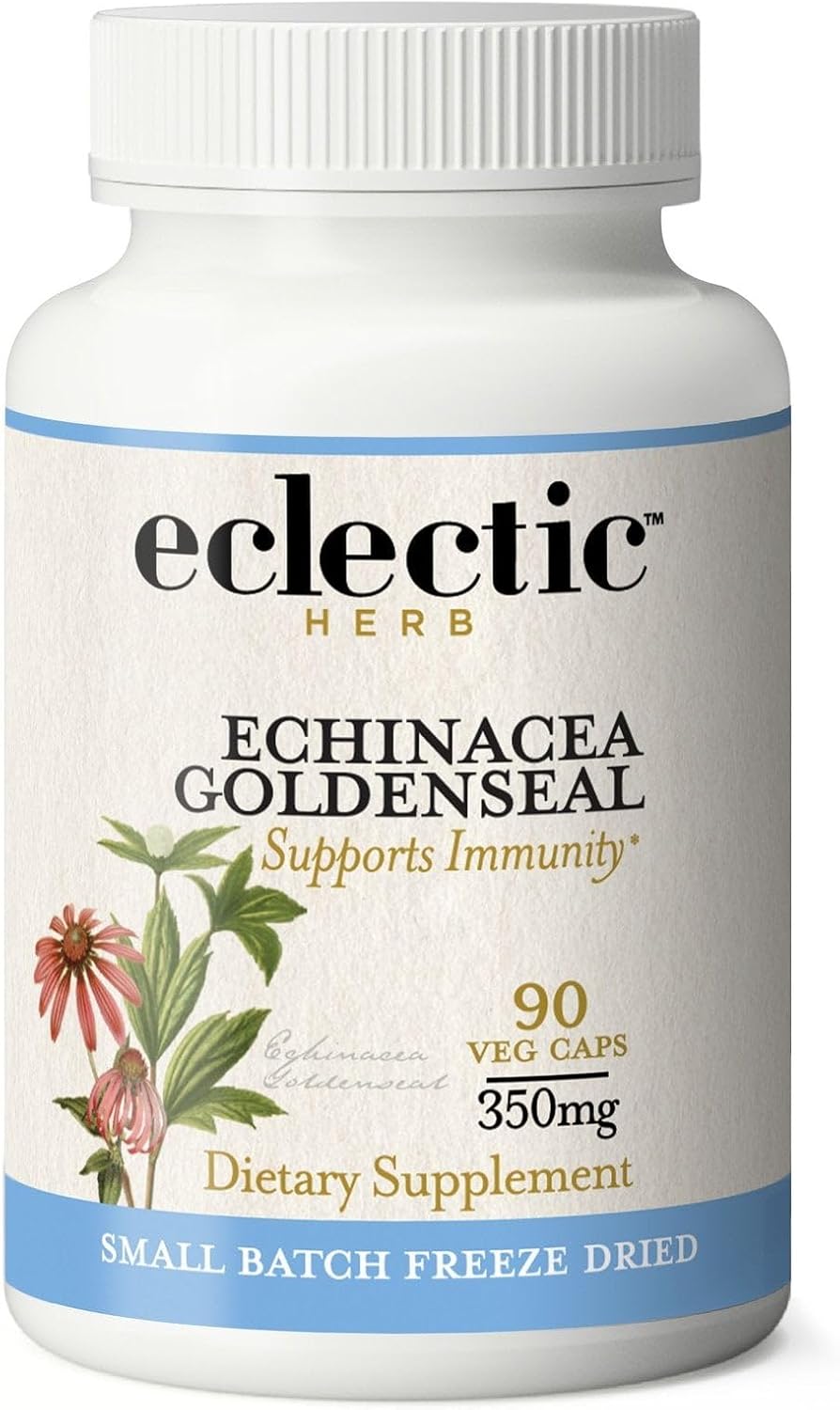 Eclectic Institute Raw Fresh Freeze-Dried Non-GMO Echinacea – Goldenseal | Immune, Respiratory, and Digestive Health | 90 CT (350 mg)