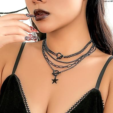 4Pcs Black Layering OT Clasp Necklaces,Gothic Stacking Paperclip Chunky Heart Pendant Choker,Aesthetic Halloween Jewelry Gift for Women