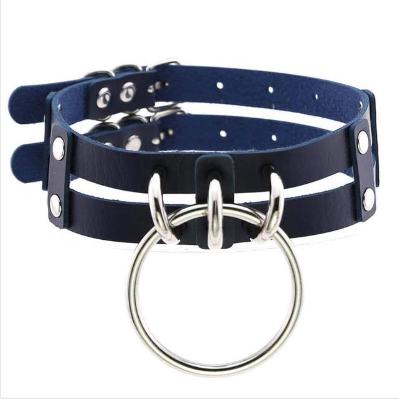 Cabule Women's P156 Dark Blue Harajuku Choker Gothic Pu Leather O Round Necklace For Collar Anime Necklace Rock Goth Statement