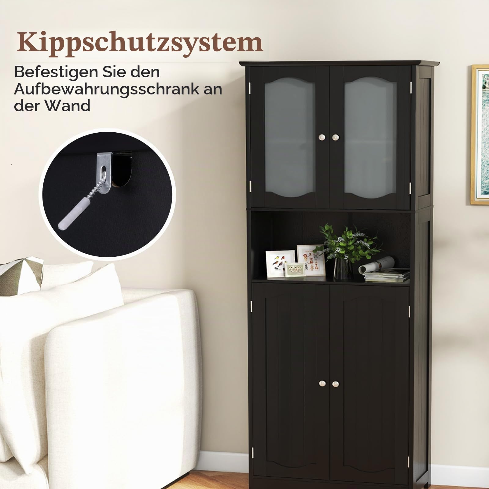 LIFEZEAL Hochschrank, Freistehender Badezimmerschrank mit Glastüren, Badschrank mit verstellbaren Regalen, Aufbewahrungs-Organizer für Küche, Wohnzimmer, Büro, 60 x 30 x 164 cm (Schwarz)