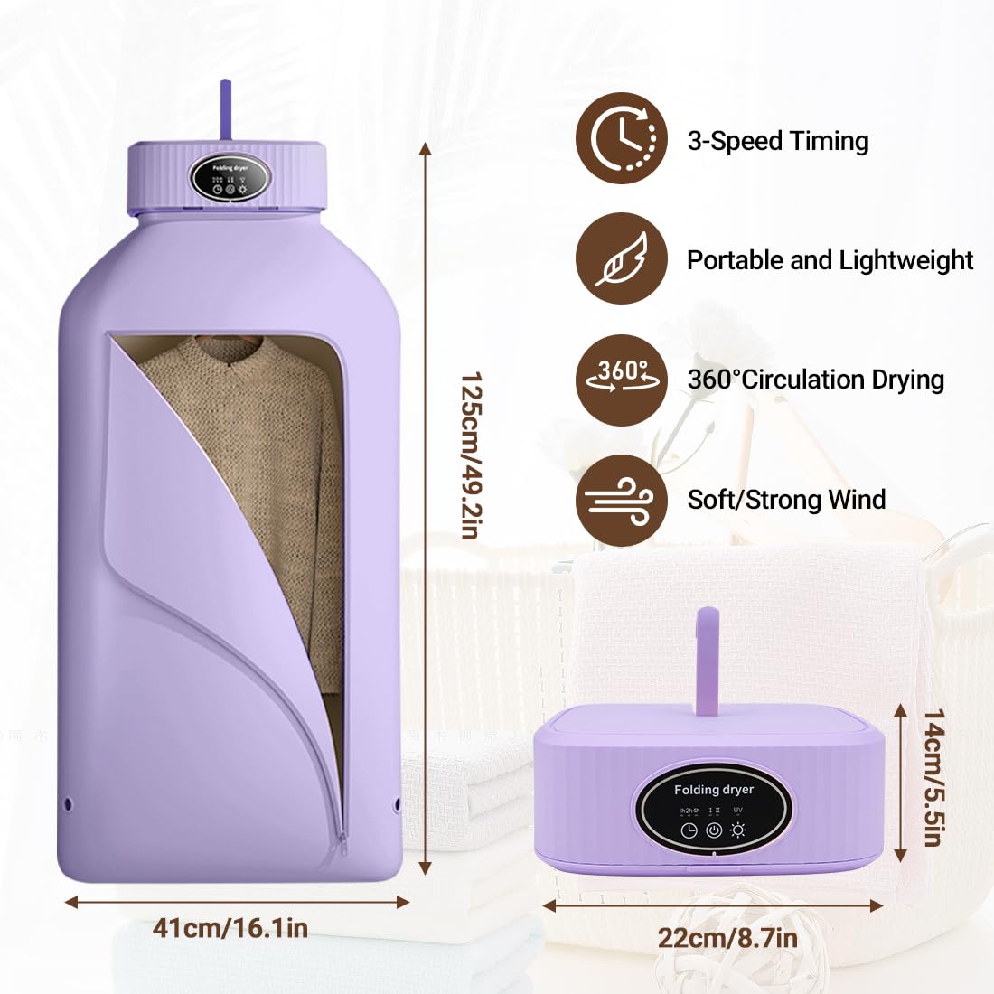Portable Clothes Dryer - Foldable, With Timer & Drying Bag, For Travel, Apartments, RV, Baby Clothes