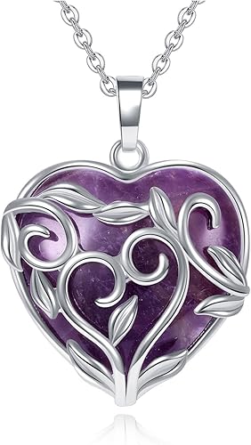 Jovivi Collar de cristal curativo de cuarzo rosa de amatista para mujer diseño de hoja de flores alambre envuelto de cristal piedra natural joyería