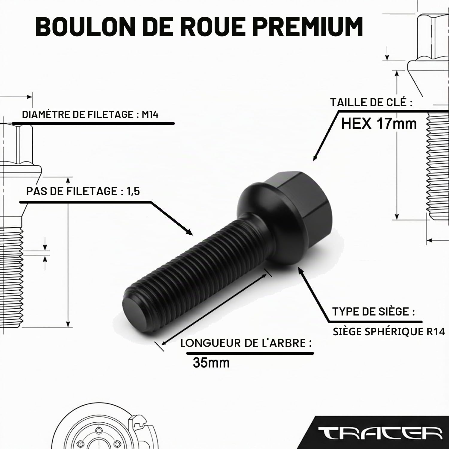 10 vis/boulons de roue noirs à siège conique R14 M14x1,5 35mm