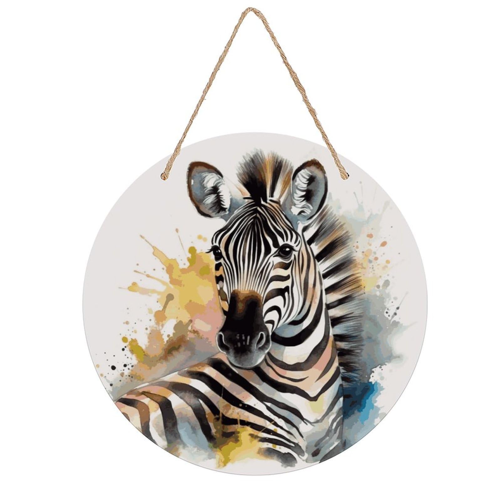 FekiLoot Cute Zebra Watercolor Wall Art Decor Round Wood Hanging Sign Decoration Wooden Circle Door Sign Round Hanging Decorative Wood Plaque Door Hanger for Home Outdoor Indoor Decoration
