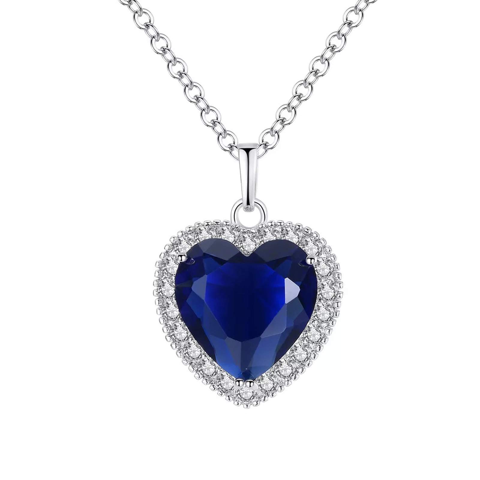 QEPOL Heart of the Ocean Neckalce The Blue Love Pendant Necklaces, White Gold Plated Necklace Sterling Silver Sapphire Big Pendants & Jewelry - Mother's Day Gift Valentines (Blue)