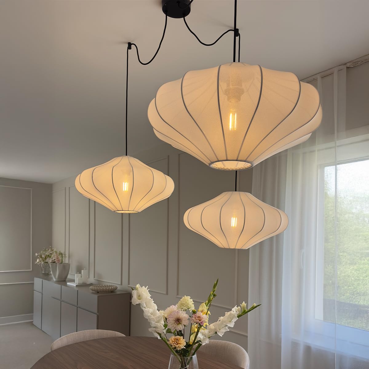 Qazqa Esstisch Japandi Pendelleuchte, Pendellampe - Plu - Weiß, Rund, 3-flammig, 100cm, Ideal als Esszimmerlampe